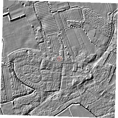 Shaded relief map of the ground around PE220JB, computed from Environment Agency LiDAR. The ground here sits at about 3 m above sea level and falls 6 m across the surrounding 800 m. The ground contributing surface water to this point lies to the west.