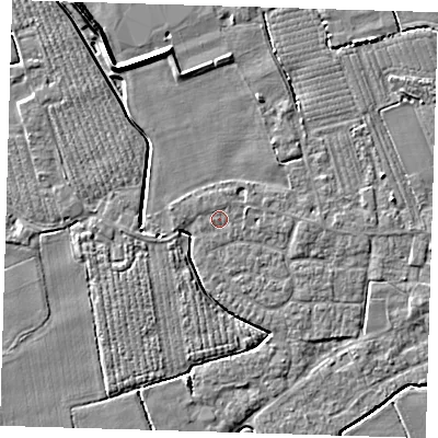 Shaded relief map of the ground around PE220JD, computed from Environment Agency LiDAR. The ground here sits at about 3 m above sea level and falls 6 m across the surrounding 800 m. Surface water reaching this point runs off ground lying to the east-north-east, 0.8 m higher.