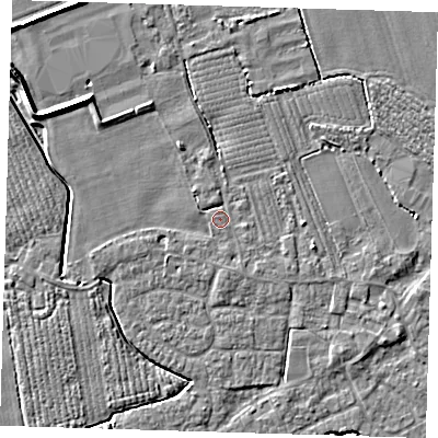 Shaded relief map of the ground around PE220JE, computed from Environment Agency LiDAR. The ground here sits at about 3 m above sea level and falls 6 m across the surrounding 800 m. Surface water reaching this point runs off ground lying to the south-east, 1.2 m higher.