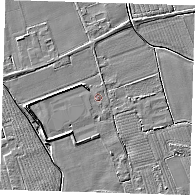 Shaded relief map of the ground around PE220JF, computed from Environment Agency LiDAR. The ground here sits at about 3 m above sea level and falls 6 m across the surrounding 800 m. Surface water reaching this point runs off ground lying to the north-north-west, 0.6 m higher.