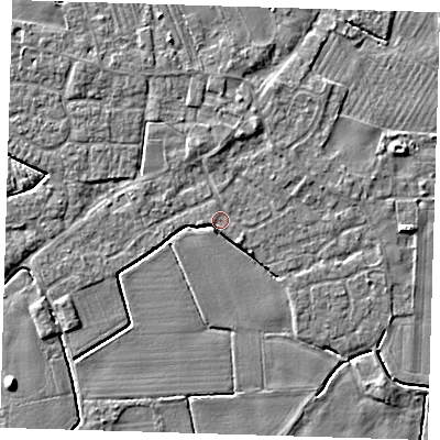 Shaded relief map of the ground around PE220JG, computed from Environment Agency LiDAR. The ground here sits at about 3 m above sea level and falls 5 m across the surrounding 800 m. Surface water reaching this point runs off ground lying to the north-north-east, 3.2 m higher.