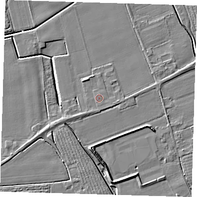 Shaded relief map of the ground around PE220JH, computed from Environment Agency LiDAR. The ground here sits at about 3 m above sea level and falls 7 m across the surrounding 800 m. Surface water reaching this point runs off ground lying to the south, 0.5 m higher.