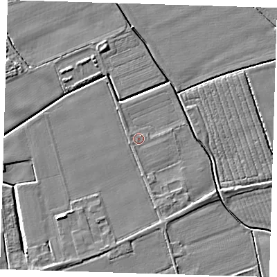 Shaded relief map of the ground around PE220JJ, computed from Environment Agency LiDAR. The ground here sits at about 2 m above sea level and falls 5 m across the surrounding 800 m. Surface water reaching this point runs off ground lying to the south-east, 0.9 m higher.