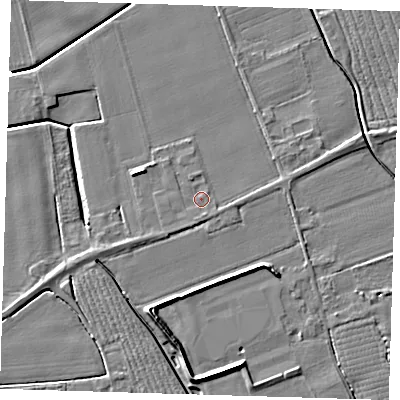 Shaded relief map of the ground around PE220JL, computed from Environment Agency LiDAR. The ground here sits at about 3 m above sea level and falls 7 m across the surrounding 800 m. Surface water reaching this point runs off ground lying to the south-south-east, 0.8 m higher.