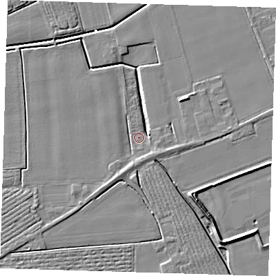 Shaded relief map of the ground around PE220JP, computed from Environment Agency LiDAR. The ground here sits at about 2 m above sea level and falls 7 m across the surrounding 800 m. Surface water reaching this point runs off ground lying to the east-north-east, 3.5 m higher.