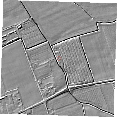 Shaded relief map of the ground around PE220JQ, computed from Environment Agency LiDAR. The ground here sits at about 3 m above sea level and falls 5 m across the surrounding 800 m. Surface water reaching this point runs off ground lying to the south-south-east, 3.7 m higher.