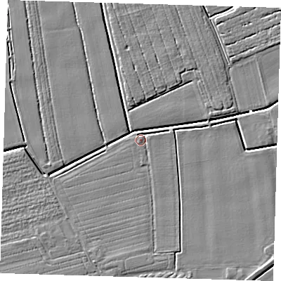Shaded relief map of the ground around PE220JR, computed from Environment Agency LiDAR. The ground here sits at about 3 m above sea level and falls 4 m across the surrounding 800 m. Surface water reaching this point runs off ground lying to the east-north-east, 2.2 m higher.