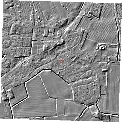 Shaded relief map of the ground around PE220JS, computed from Environment Agency LiDAR. The ground here sits at about 3 m above sea level and falls 4 m across the surrounding 800 m. Surface water reaching this point runs off ground lying to the north, 1.9 m higher.