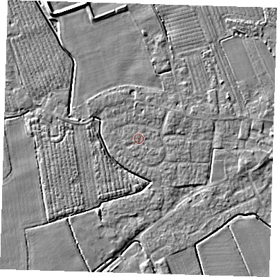 Shaded relief map of the ground around PE220JT, computed from Environment Agency LiDAR. The ground here sits at about 3 m above sea level and falls 6 m across the surrounding 800 m. The ground contributing surface water to this point lies to the south-east.