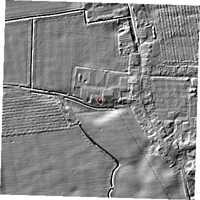Shaded relief map of the ground around PE220JY, computed from Environment Agency LiDAR. The ground here sits at about 3 m above sea level and falls 4 m across the surrounding 800 m. Surface water reaching this point runs off ground lying to the east-south-east, 3.2 m higher.