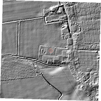 Shaded relief map of the ground around PE220JZ, computed from Environment Agency LiDAR. The ground here sits at about 3 m above sea level and falls 4 m across the surrounding 800 m. The ground contributing surface water to this point lies to the west-north-west.