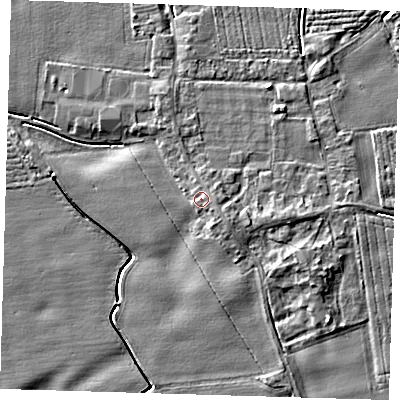 Shaded relief map of the ground around PE220LA, computed from Environment Agency LiDAR. The ground here sits at about 4 m above sea level and falls 4 m across the surrounding 800 m. Surface water reaching this point runs off ground lying to the east-south-east, 0.8 m higher.