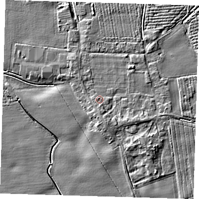 Shaded relief map of the ground around PE220LB, computed from Environment Agency LiDAR. The ground here sits at about 3 m above sea level and falls 4 m across the surrounding 800 m. Surface water reaching this point runs off ground lying to the south, 0.9 m higher.
