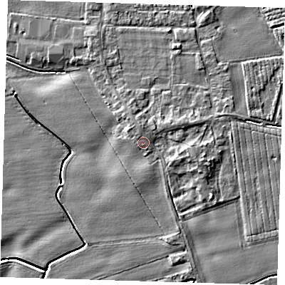 Shaded relief map of the ground around PE220LD, computed from Environment Agency LiDAR. The ground here sits at about 4 m above sea level and falls 5 m across the surrounding 800 m. Surface water reaching this point runs off ground lying to the north-north-west, 1.1 m higher.