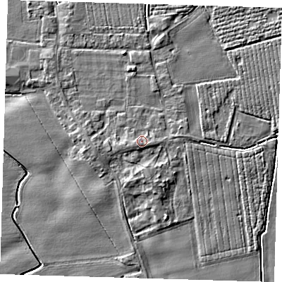 Shaded relief map of the ground around PE220LE, computed from Environment Agency LiDAR. The ground here sits at about 4 m above sea level and falls 4 m across the surrounding 800 m. Surface water reaching this point runs off ground lying to the south-west, 1.2 m higher.