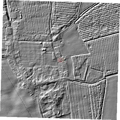 Shaded relief map of the ground around PE220LF, computed from Environment Agency LiDAR. The ground here sits at about 3 m above sea level and falls 3 m across the surrounding 800 m. Surface water reaching this point runs off ground lying to the south-south-west, 1.5 m higher.
