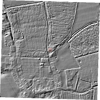 Shaded relief map of the ground around PE220LG, computed from Environment Agency LiDAR. The ground here sits at about 4 m above sea level and falls 4 m across the surrounding 800 m. Surface water reaching this point runs off ground lying to the east, 1.1 m higher.