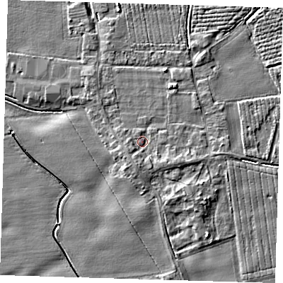 Shaded relief map of the ground around PE220LH, computed from Environment Agency LiDAR. The ground here sits at about 3 m above sea level and falls 4 m across the surrounding 800 m. Surface water reaching this point runs off ground lying to the south-south-west, 1.6 m higher.
