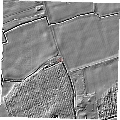 Shaded relief map of the ground around PE220LJ, computed from Environment Agency LiDAR. The ground here sits at about 3 m above sea level and falls 6 m across the surrounding 800 m. Surface water reaching this point runs off ground lying to the west-south-west, 4.0 m higher.