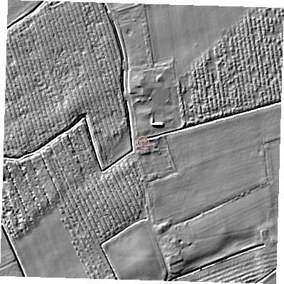 Shaded relief map of the ground around PE220LL, computed from Environment Agency LiDAR. The ground here sits at about 3 m above sea level and falls 5 m across the surrounding 800 m. The ground contributing surface water to this point lies to the east-north-east.