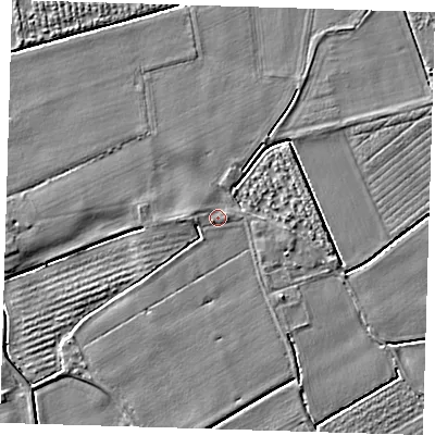 Shaded relief map of the ground around PE220LN, computed from Environment Agency LiDAR. The ground here sits at about 3 m above sea level and falls 3 m across the surrounding 800 m. Surface water reaching this point runs off ground lying to the east-north-east, 1.7 m higher.