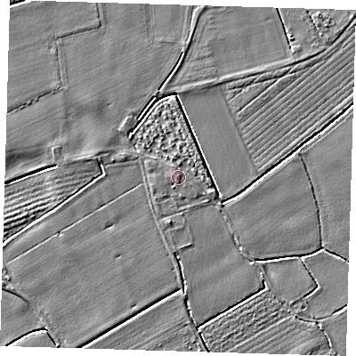 Shaded relief map of the ground around PE220LP, computed from Environment Agency LiDAR. The ground here sits at about 4 m above sea level and falls 3 m across the surrounding 800 m. Surface water reaching this point runs off ground lying to the north-north-west, 0.8 m higher.