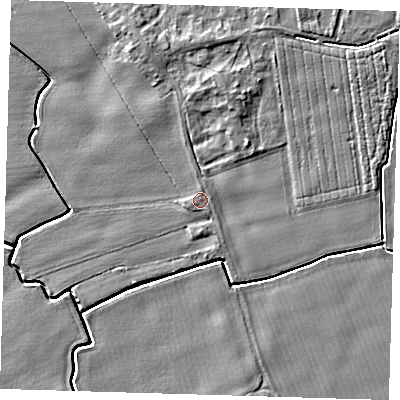 Shaded relief map of the ground around PE220LQ, computed from Environment Agency LiDAR. The ground here sits at about 3 m above sea level and falls 5 m across the surrounding 800 m. Surface water reaching this point runs off ground lying to the west-south-west, 0.7 m higher.