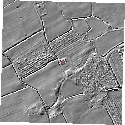 Shaded relief map of the ground around PE220LR, computed from Environment Agency LiDAR. The ground here sits at about 3 m above sea level and falls 3 m across the surrounding 800 m. Surface water reaching this point runs off ground lying to the south-south-east, 1.8 m higher.