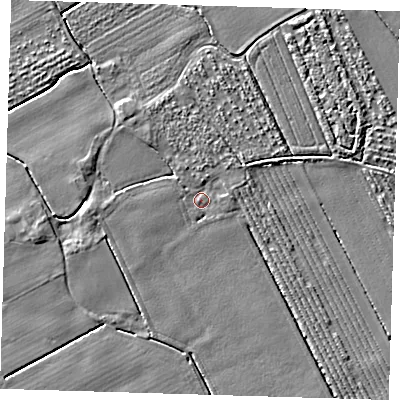 Shaded relief map of the ground around PE220LS, computed from Environment Agency LiDAR. The ground here sits at about 3 m above sea level and falls 3 m across the surrounding 800 m. Surface water reaching this point runs off ground lying to the west-south-west, 2.4 m higher.