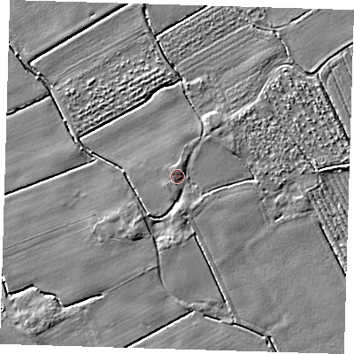 Shaded relief map of the ground around PE220LT, computed from Environment Agency LiDAR. The ground here sits at about 3 m above sea level and falls 3 m across the surrounding 800 m. Surface water reaching this point runs off ground lying to the south-west, 2.3 m higher.
