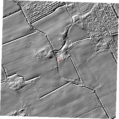 Shaded relief map of the ground around PE220LU, computed from Environment Agency LiDAR. The ground here sits at about 3 m above sea level and falls 4 m across the surrounding 800 m. Surface water reaching this point runs off ground lying to the south, 1.1 m higher.