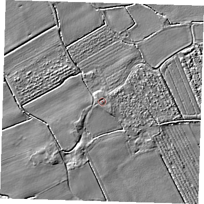 Shaded relief map of the ground around PE220LX, computed from Environment Agency LiDAR. The ground here sits at about 4 m above sea level and falls 3 m across the surrounding 800 m. Surface water reaching this point runs off ground lying to the west-north-west, 0.6 m higher.