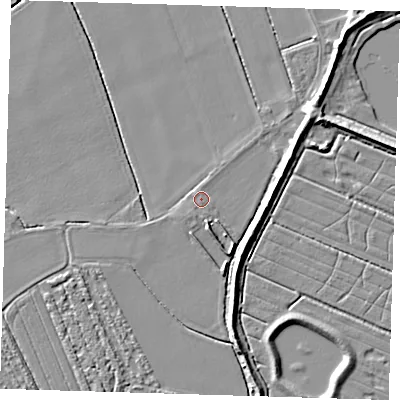 Shaded relief map of the ground around PE220LY, computed from Environment Agency LiDAR. The ground here sits at about 4 m above sea level and falls 6 m across the surrounding 800 m. Surface water reaching this point runs off ground lying to the south-south-east, 0.7 m higher.