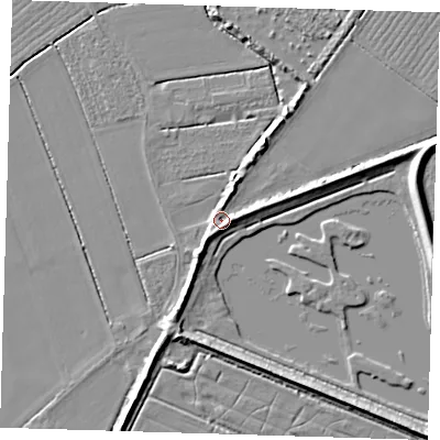 Shaded relief map of the ground around PE220LZ, computed from Environment Agency LiDAR. The ground here sits at about 4 m above sea level and falls 6 m across the surrounding 800 m. Surface water reaching this point runs off ground lying to the south-south-west, 4.3 m higher.
