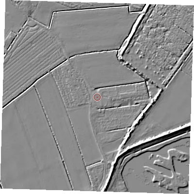 Shaded relief map of the ground around PE220NA, computed from Environment Agency LiDAR. The ground here sits at about 3 m above sea level and falls 6 m across the surrounding 800 m. Surface water reaching this point runs off ground lying to the south-south-east, 0.5 m higher.