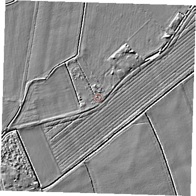 Shaded relief map of the ground around PE220NB, computed from Environment Agency LiDAR. The ground here sits at about 3 m above sea level and falls 4 m across the surrounding 800 m. Surface water reaching this point runs off ground lying to the south-west, 0.5 m higher.