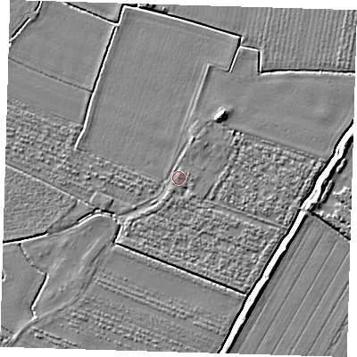 Shaded relief map of the ground around PE220ND, computed from Environment Agency LiDAR. The ground here sits at about 4 m above sea level and falls 5 m across the surrounding 800 m. Surface water reaching this point runs off ground lying to the north-north-east, 1.1 m higher.