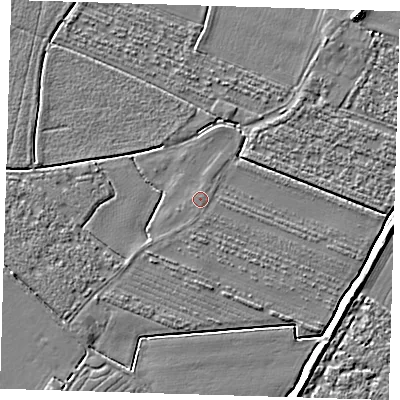 Shaded relief map of the ground around PE220NE, computed from Environment Agency LiDAR. The ground here sits at about 3 m above sea level and falls 5 m across the surrounding 800 m. The ground contributing surface water to this point lies to the south-south-east.