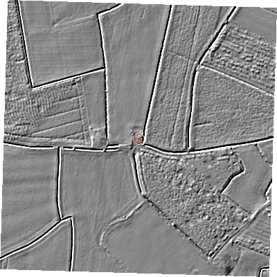Shaded relief map of the ground around PE220NF, computed from Environment Agency LiDAR. The ground here sits at about 3 m above sea level and falls 3 m across the surrounding 800 m. Surface water reaching this point runs off ground lying to the east-north-east, 1.3 m higher.