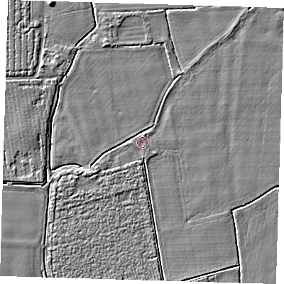Shaded relief map of the ground around PE220NG, computed from Environment Agency LiDAR. The ground here sits at about 3 m above sea level and falls 4 m across the surrounding 800 m. Surface water reaching this point runs off ground lying to the north-north-east, 1.3 m higher.