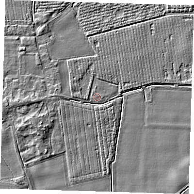 Shaded relief map of the ground around PE220NH, computed from Environment Agency LiDAR. The ground here sits at about 3 m above sea level and falls 3 m across the surrounding 800 m. The ground contributing surface water to this point lies to the east-south-east.