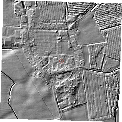 Shaded relief map of the ground around PE220NP, computed from Environment Agency LiDAR. The ground here sits at about 3 m above sea level and falls 4 m across the surrounding 800 m. Surface water reaching this point runs off ground lying to the south, 1.3 m higher.