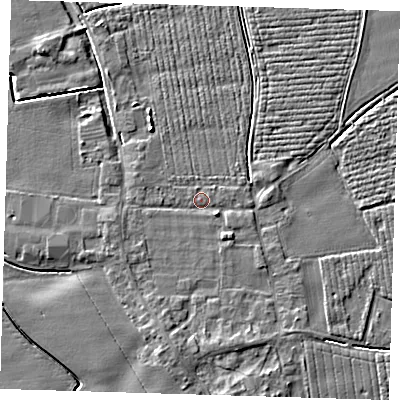Shaded relief map of the ground around PE220NR, computed from Environment Agency LiDAR. The ground here sits at about 3 m above sea level and falls 4 m across the surrounding 800 m. Surface water reaching this point runs off ground lying to the south-east, 1.9 m higher.