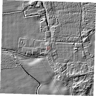 Shaded relief map of the ground around PE220NS, computed from Environment Agency LiDAR. The ground here sits at about 3 m above sea level and falls 4 m across the surrounding 800 m. Surface water reaching this point runs off ground lying to the south-west, 0.9 m higher.