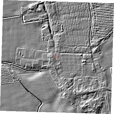 Shaded relief map of the ground around PE220NT, computed from Environment Agency LiDAR. The ground here sits at about 3 m above sea level and falls 4 m across the surrounding 800 m. Surface water reaching this point runs off ground lying to the west, 0.7 m higher.