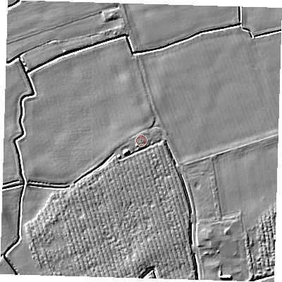 Shaded relief map of the ground around PE220NU, computed from Environment Agency LiDAR. The ground here sits at about 4 m above sea level and falls 6 m across the surrounding 800 m. Surface water reaching this point runs off ground lying to the south-west, 3.7 m higher.