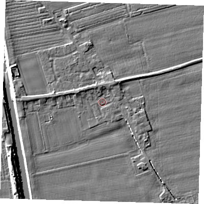Shaded relief map of the ground around PE220NY, computed from Environment Agency LiDAR. The ground here sits at about 3 m above sea level and falls 7 m across the surrounding 800 m. Surface water reaching this point runs off ground lying to the north-east, 1.9 m higher.