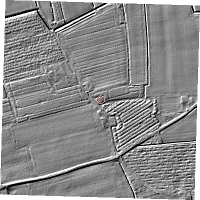 Shaded relief map of the ground around PE220NZ, computed from Environment Agency LiDAR. The ground here sits at about 3 m above sea level and falls 5 m across the surrounding 800 m. Surface water reaching this point runs off ground lying to the south-south-east, 1.4 m higher.