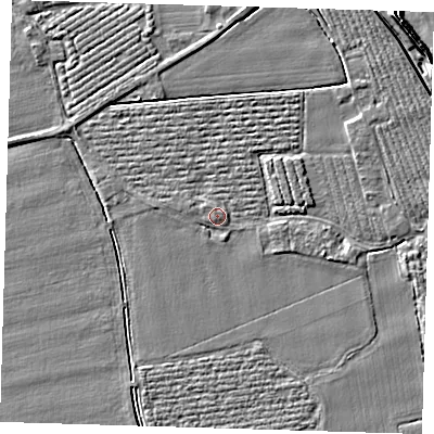 Shaded relief map of the ground around PE220PA, computed from Environment Agency LiDAR. The ground here sits at about 3 m above sea level and falls 6 m across the surrounding 800 m. Surface water reaching this point runs off ground lying to the south-east, 1.1 m higher.