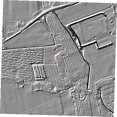 Shaded relief map of the ground around PE220PB, computed from Environment Agency LiDAR. The ground here sits at about 3 m above sea level and falls 6 m across the surrounding 800 m. The ground contributing surface water to this point lies to the south.